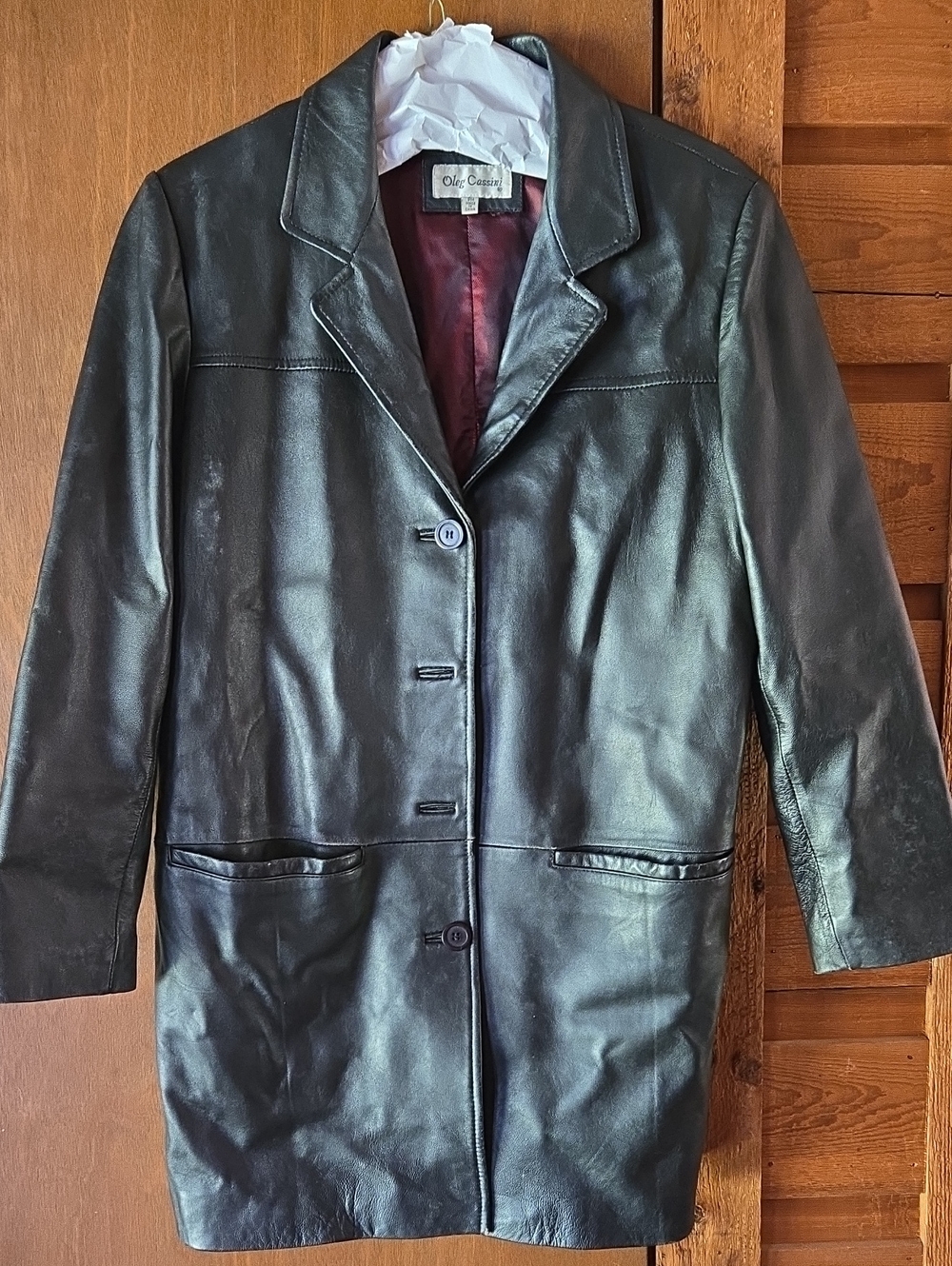 Oleg Cassini Black Leather Single-Breasted Coat